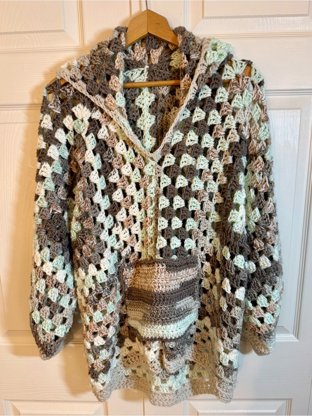 Chunky Crochet hexagon Hoodie Sweater - Cream & Brown Multi